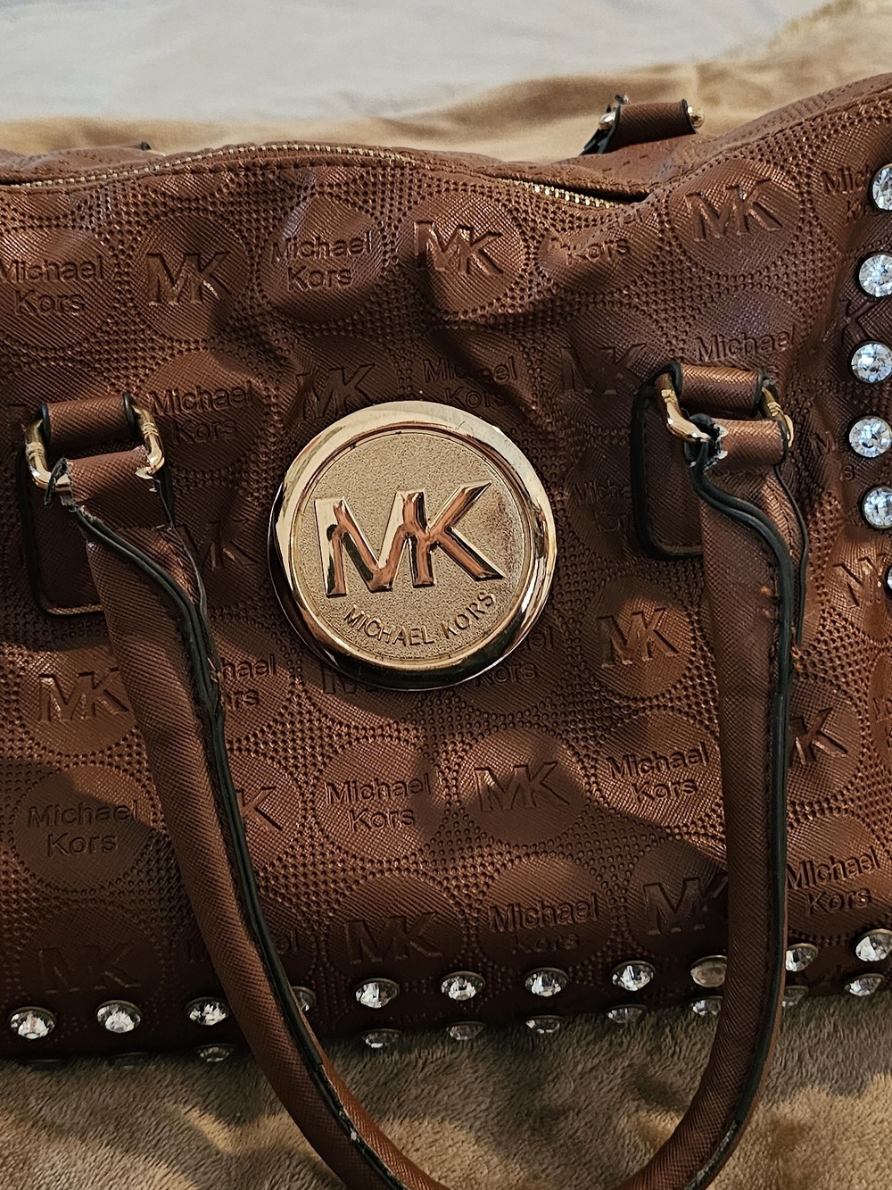 Michael Kors Brown Satchel with Gold MK Emblem and Crystal Accents